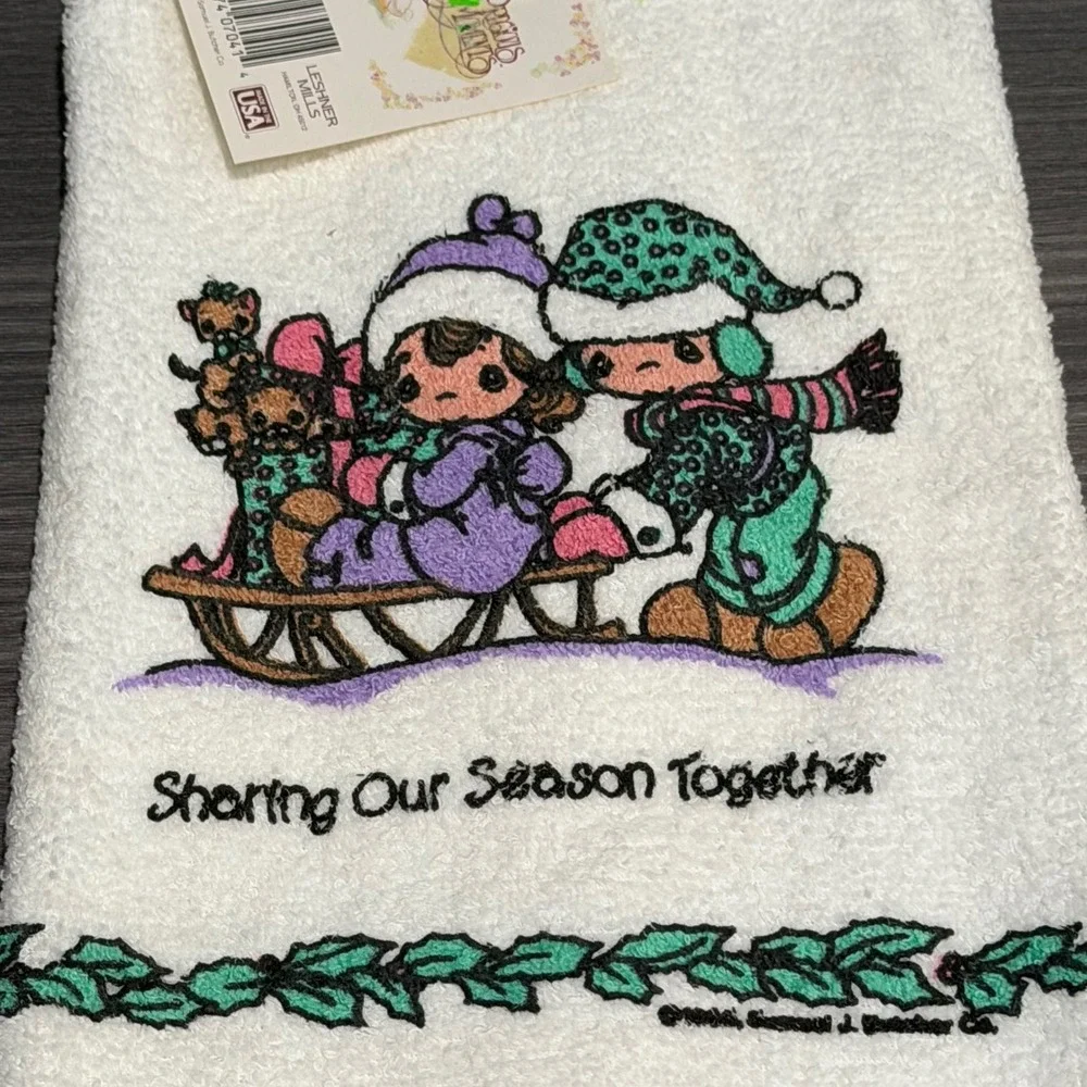 Vtg Precious Moments Hand Towels Set of 2 Leshner Mills White Fringe USA 1990